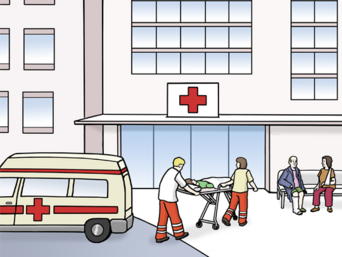 Ein Krankenhaus mit einem Krankenwagen davor