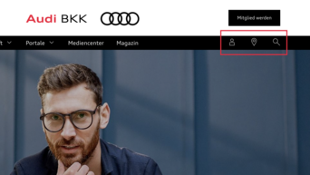 Die Icons der Navigationsleiste auf der Seite Audi BKK in einem roten Kasten